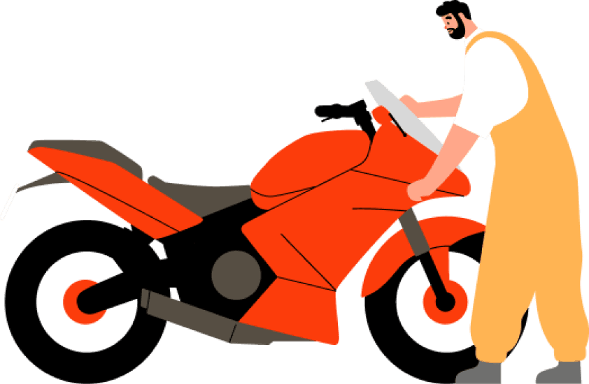 Ilustración de chico apoyado junto a su moto